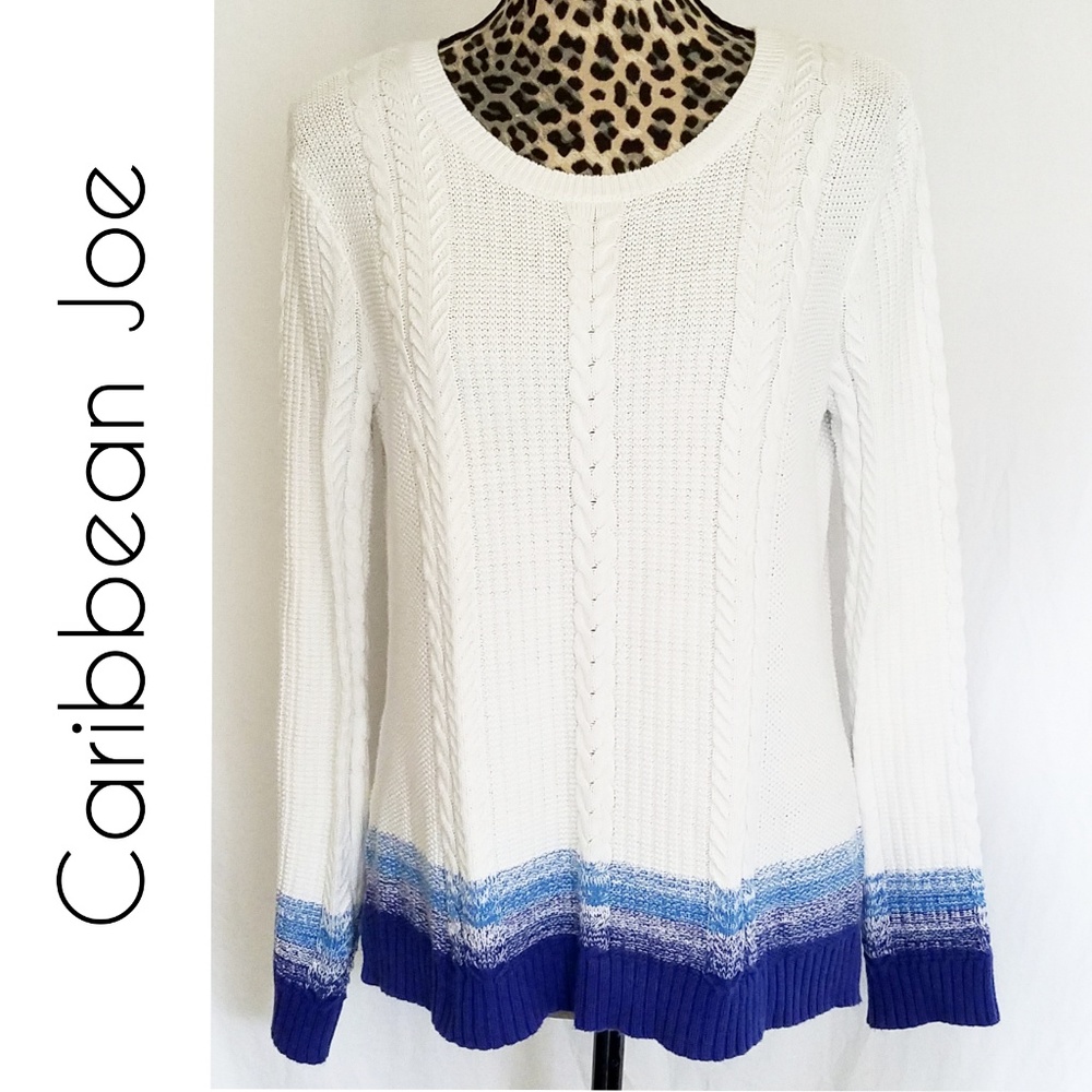 White and Blue Cable Knit Sweater - Caribbean Joe